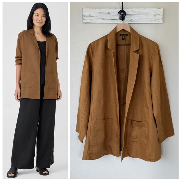 Eileen Fisher Jackets & Blazers - EILEEN FISHER L NEW Organic Linen Open Front Long Blazer in Bronze Office Casual